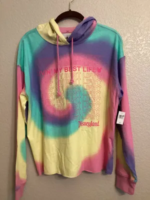 NWT Disney Store Disneyland "Livin' My Best Life" Tie Dye Hooded Pullover M thumbnail 1