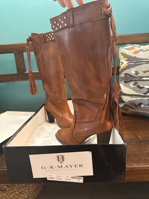 G.K. Mayer Handcrafted Cuoio Vitello Leather Tassel Studded Tall Boots Size 39 thumbnail 2