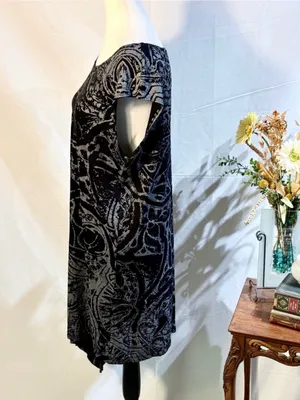 💥Bryn Walker Abstract Print Asymmetrical Tunic Dress Black Gray Stretch Sz L💛 thumbnail 6