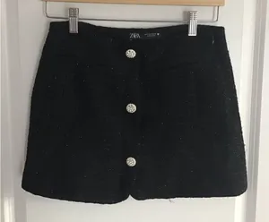 ZARA TWEED MINI SKIRT Womens S Black Rhinestone‎ Button Preppy Classic thumbnail 1