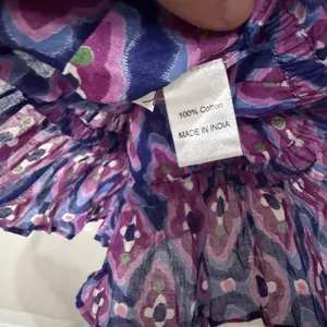 NWT Banjanan‎ Halo Cotton Top Blouse Abstract Print Smocked Puff Sleeve Purple M thumbnail 7