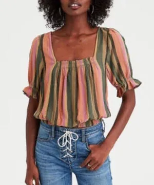 American Eagle Square Neck Striped Cropped Top thumbnail 2