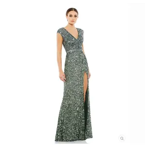 Mac Duggal 5489 Womens Green Cap SLEEVE SEQUINED HIGH SLIT GOWN thumbnail 3