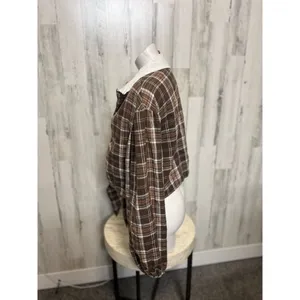 SHEIN Plaid Contrast Collar Tie Front Crop Top Womens Large Brown Lantern Sleeve thumbnail 3