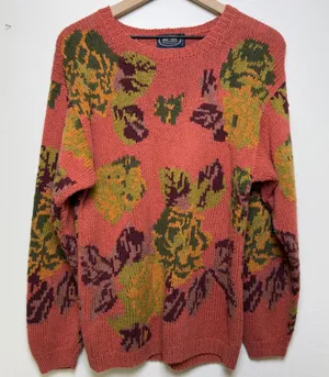 VTG 80s British Khaki Women Cotton Sweater Pink Floral‎ Knit Cottage Intarsia thumbnail 1