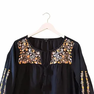 Madewell Embroidered Shift Dress Black Floral Pockets Boho Artisan SZ L #2615 thumbnail 4