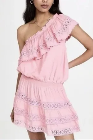 MELISSA ODABASH Debbie One Shoulder Ruffled Voile Mini Dress‎ Size Medium Pink thumbnail 1
