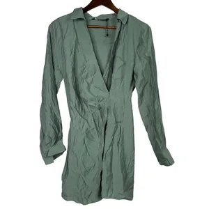 Zara Long Sleeve Tunic Wrap Style Mini Dress Collard V Neck Button M Sage Green thumbnail 14
