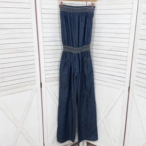 Poetry‎ Boho Smocked Strapless Wide Leg Chambray Jumpsuit Denim Blue Small thumbnail 8