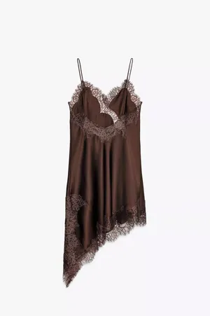 Zara Elegant Brown Lace Slip Lingerie Dress blogger favorite satin mini thumbnail 13