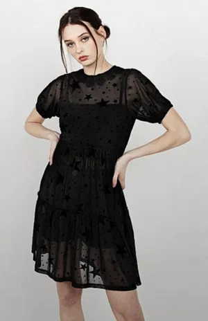 Disturbia Orion Black Mesh Star Print Overlay Dress Lace Collar Goth Celestial thumbnail 1