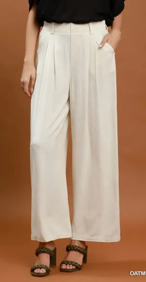 Umgee‎ High Waist Linen Blend Wide Leg Trousers - oatmeal - large thumbnail 1