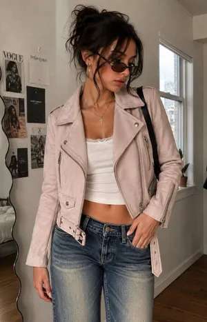 Zara Pink Moto Jacket Faux Suede Cropped Belted Size M Biker Zip Cuffs Y2K chic thumbnail 1