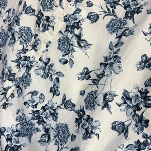 H&M Floral Cotton Shirt Tunic Dress XL Button Down Long Sleeve Belted Blue White thumbnail 9