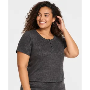 Jockey Womens Luxe Lounge Henley Size XL Dark Gray Brushed Ribbed Crop Top thumbnail 2