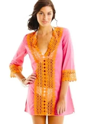 Mud Pie Pink Orange‎ Crochet Boho Swim Cover Up Tunic Size Large thumbnail 1
