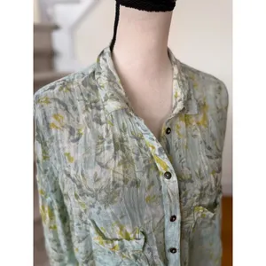 Free People Light Blue & Green Leaf Print Gauze Tie Waist Button Down Shirt thumbnail 2