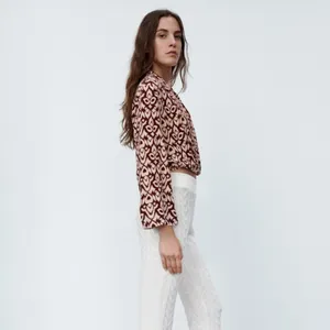 Zara Printed Long Sleeve Wrap Blouse in‎ Red Cream Size Small thumbnail 3