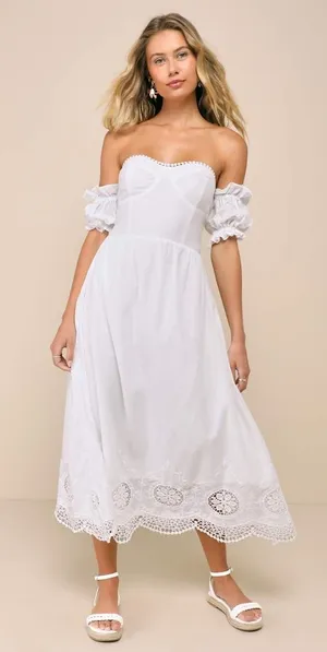 NWT Lulus Sweet Sunlover White Embroidered Off-the-Shoulder Midi Dress Summer M thumbnail 1