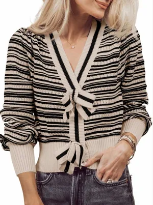NEW Striped Cropped Sweater V Neck Cute Bow Tie Puff Sleeve S thumbnail 1