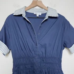 SHE + SKY Women Cotton Preppy Shirt Dress Small Navy Smocked Waist Striped Trim thumbnail 3