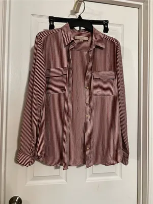 LOFT Striped Button-Up Blouse in Burgundy and White thumbnail 2
