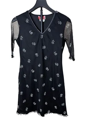 Vintage Filati 2000 Black Floral Mesh Sleeve Mini Dress‎ 90s Y2K Medium thumbnail 1