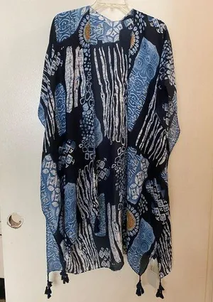 Be Clever Women’s Shawl Sleeved Cover Up Blue White Boho Print L Large NWT thumbnail 1