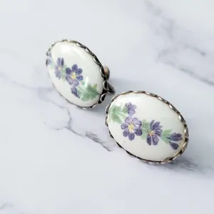 Vintage Screw On Earrings 1" Cream Oval with Purple Flowers thumbnail 3