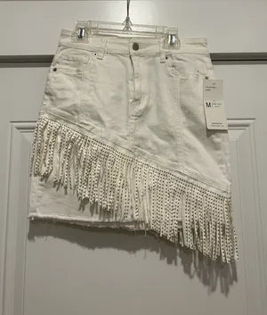 Western Fringe White denim Mini Skirt size Medium Boho Festival Country Concert thumbnail 1