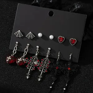 NEW 6 Pairs Gothic Earrings Set, Goth Spider Web Red Accents Punk Jewelry, Cross thumbnail 2