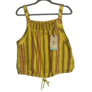 NWT prAna Smocked Sleeveless Tie Little Palm Stripe Cami Crop Top Medium Yellow thumbnail 2