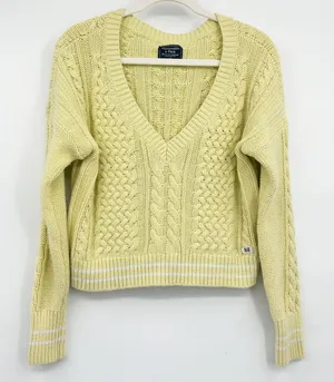Abercrombie & Fitch Womens Yellow Cable Knit Preppy Tennis Prep‎ Sweater Size M thumbnail 1