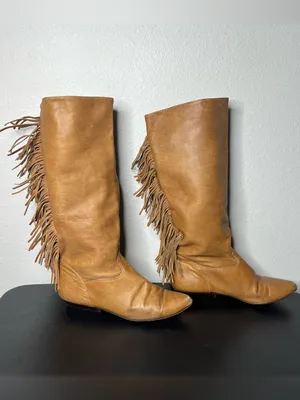 Vintage Zodiac Camel Brown Leather Fringe Trim Tall Boots Western Boho Cowgirl thumbnail 3