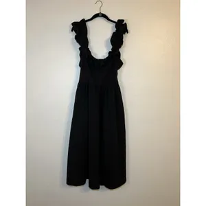 Free People Ruffle It Up Midi Dress Black Smocked Tie Cotton Size Medium thumbnail 3