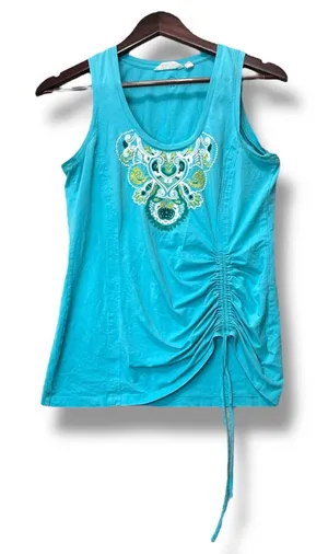 Athleta Tank‎ Top Embroidered Ruched Drawstring Sleeveless Casual Blue S thumbnail 1