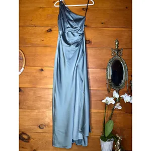 Lulus Signature Elegance Slate Blue Satin One-Shoulder Maxi Dress Holiday XSmall thumbnail 2