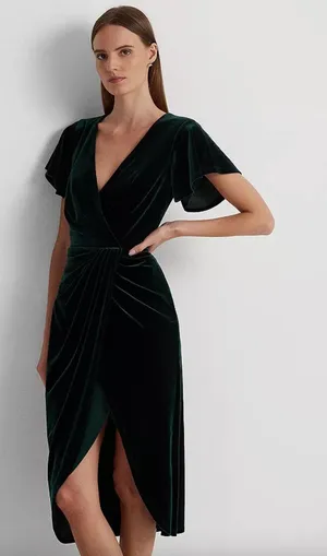 Lauren Ralph Lauren Velvet Flutter Sleeve Cocktail Midi Dress Green US 16 NWT thumbnail 1