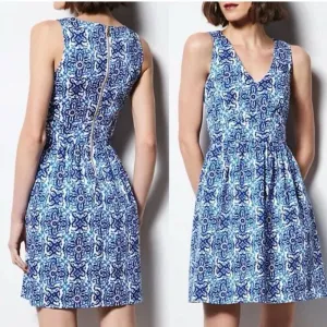 Milly Blue White Cotton Floral Sleeveless‎ V-Neck Shift Dress Sz 10 Fit & Flare thumbnail 2