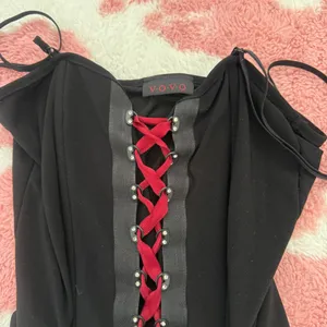Y2K Black Corset Cami Top Small Goth Coquette Lace Up Bustier Red Ribbon Boned Fairy Grunge Alt Clubwear thumbnail 4