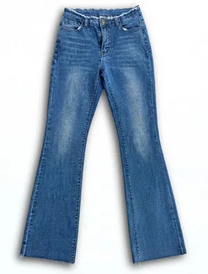 Womens Medium Wash Raw Hem Flare Jeans Frayed Waistband Denim Trousers thumbnail 1