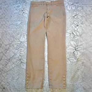 Tory Burch Emmy Beige Slim Ankle Pants Gold Snap Detail Stretch Sz 26💛 thumbnail 3