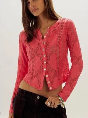 NEW Free People Coral Button-Front Lace Trim Long-Sleeve Top thumbnail 2