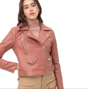 NWT Montrez Moto Jacket Womens M Pink Faux Leather Belted Zipper Edgy Bikercore thumbnail 3