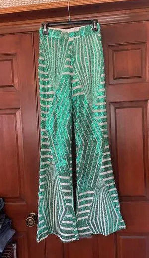 Sequin print elastic waist pole on bellbottoms pants size medium thumbnail 1