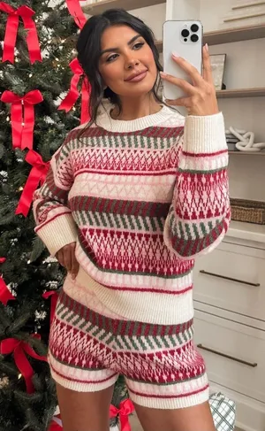 Pink Lily Cream Multi Fair Isle Knit Sweater Short Set thumbnail 1