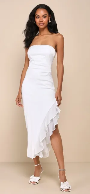 Lulus Graceful Perfection White Satin Ruffled Strapless Dress thumbnail 1