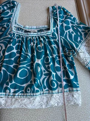 Rachel Zoe Teal Printed Peasant Linen Top with Lace Trim 3/4 Sleeves size L thumbnail 8