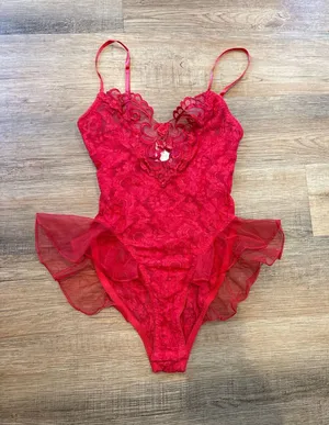 Lace Ruffle Red Teddy Bodysuit with Sheer Details thumbnail 1