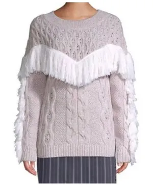 Amur Ulla Women's Size Large White Fringe Tan Cable Knit Wool Sweater v6x thumbnail 1